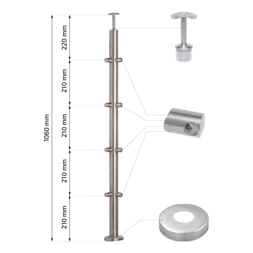 PSG Eckpfosten für Balustrade aus Edelstahl AISI 304 ø42,4 mm H1060 mm mit Halterungen für Stäbe ø12 mm 001-206 (2)