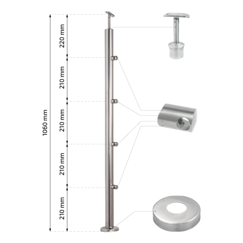 PSG Geländerpfosten durchlaufend Ø42,4 mm aus Edelstahl AISI 304 – 4 Halter Ø12, Bodenmontage 001-207 (2)