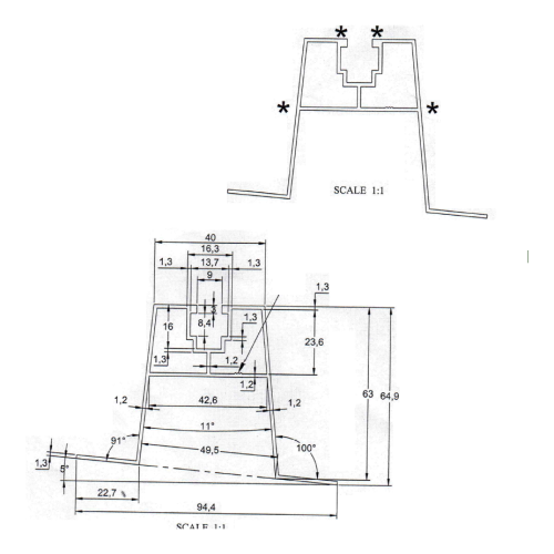 Schräger Trapezsteg mit EPDM-Dichtung H63 L330 – Aluminium-Dachadapter PV 001-776 (2)