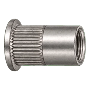 Blindnietmutter Edelstahl A4 M10×22 mm – Flachkopf, gerändelter Schaft, offen – Karton 250 Stk.