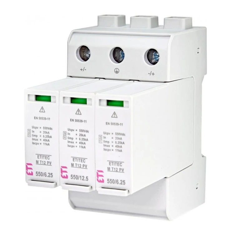 Überspannungsschutz PV DC Typ 1+2 (B+C) 1100V 3P 65kA 3,8kV ETITEC EM T12 PV 1100/6,25 Y 002440580 ETI GPV-401-64
