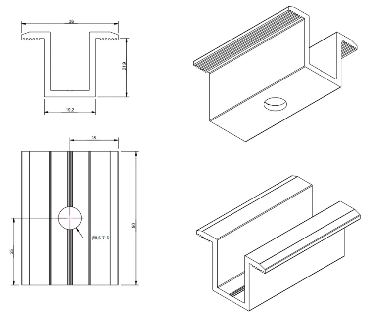 Mittlere Klemmhalterung H25 L50 Roh mit Schraube M8x25 und Einsatz für 35-mm-Paneele PV-04-17 (3)