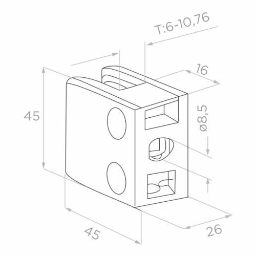 Glashalter 45x45x26 mm, Glas 6-10,76 mm, AISI 304, Flachsystem, Satin 000-260 (2)
