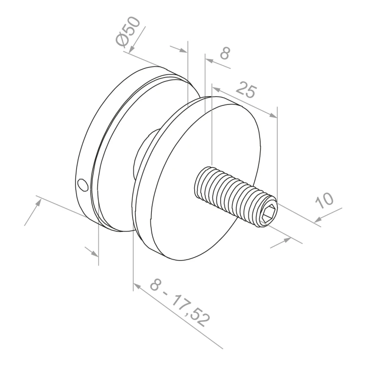 Punkthalter für Glas fi 50/8/M10x50, Glas 8-17,52 mm, AISI 304, flaches System, Satin 000-266 (3)