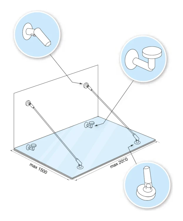 Glasvordach-System M12, 3-teilig, für Zugstange fi 12mm, Glas 8-17,52mm (aisi304, universal, Satin) (10) 000-285 (4)