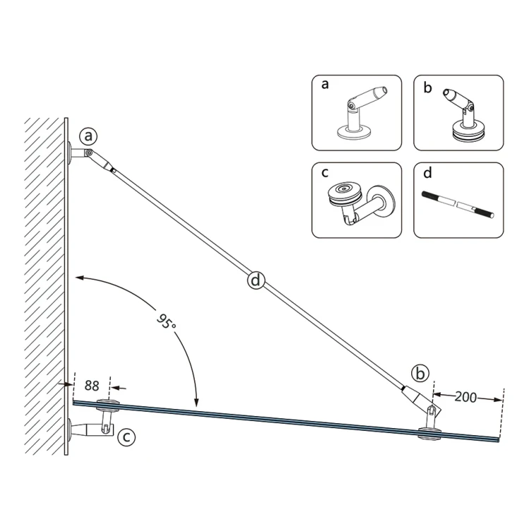 Glasvordach-System M10 3-teiliger Abspanner fi 10 mm Glas 8-17,52 mm AISI 304 Satin 000-261 (5)