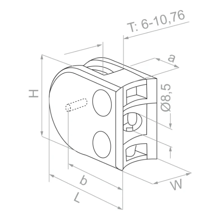 Glashalter 50x40x26 mm mit Pin, Glas 6-10,76 mm, AISI 304, System 42,4, Hochglanz 000-264 (3)