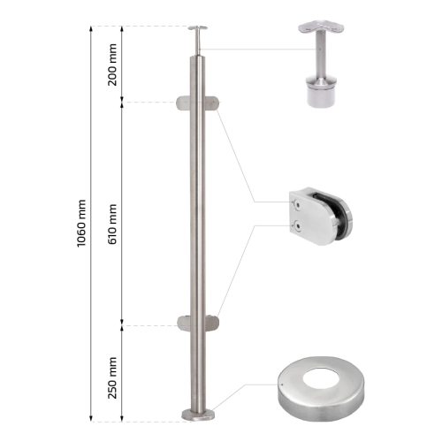 Eckpfosten für Balustrade aus Glas Ø 42,4x1060/1102,4mm 4 Halter geschliffen 000-559 (2)