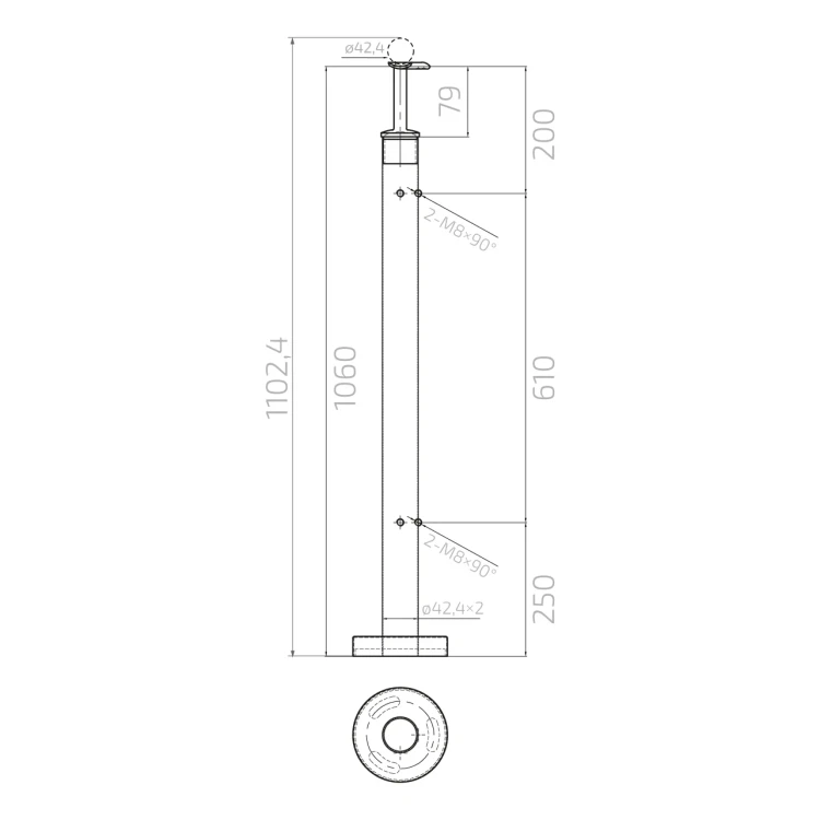 Eckpfosten für Balustrade aus Glas Ø 42,4x1060/1102,4mm 4 Halter geschliffen 000-559 (5)