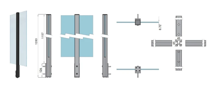 Eckpfosten Geländer 45x45x1283mm Glas 8,72mm dunkelgrau Kozza KR7500 000-890 (9)